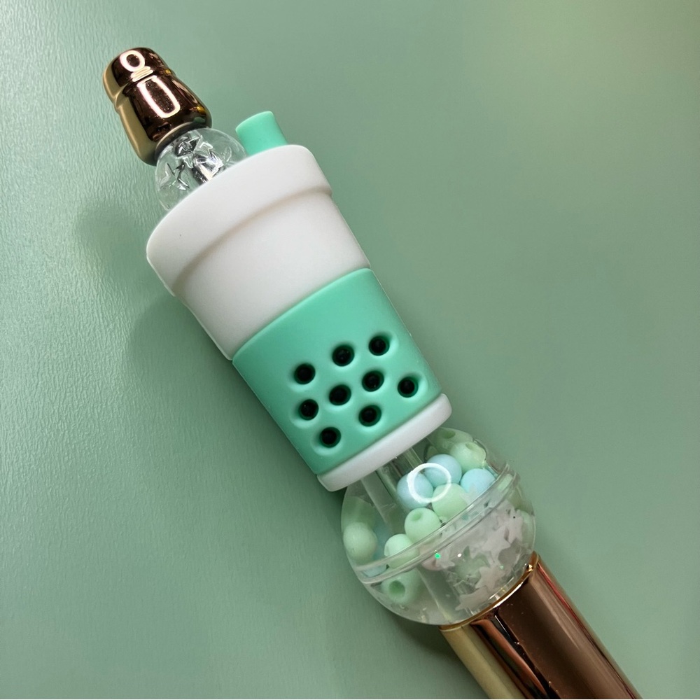 Green & White Boba Tea Handmade Beaded Pen - Picture 3 of 6